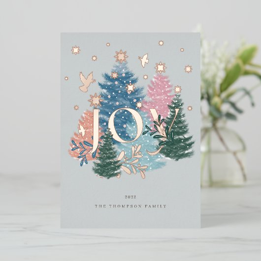 ジョイパステルウォーターカラークリスマスツリーフォレスト&ドーブ 箔シーズンカード (立ち正面)