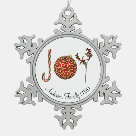 ジョイパーソナライズされたキャンディーオーナメントホリー スノーフレークピューターオーナメント (正面)