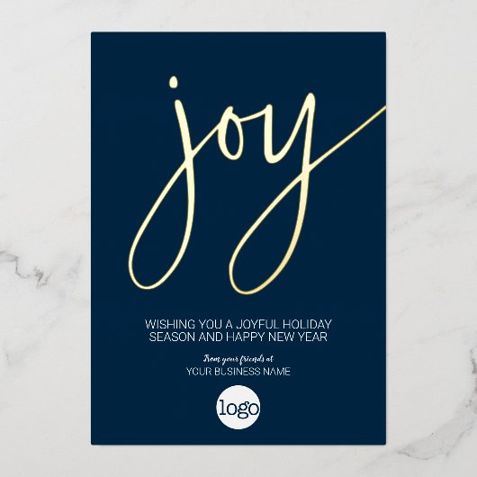 ジョイビジネスクリスマスグリーティングネイビーブルーと金ゴールド 箔シーズンカード (正面)