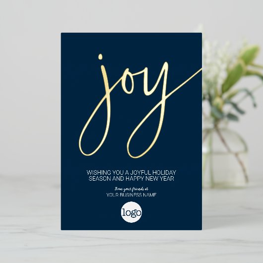 ジョイビジネスクリスマスグリーティングネイビーブルーと金ゴールド 箔シーズンカード (立ち正面)