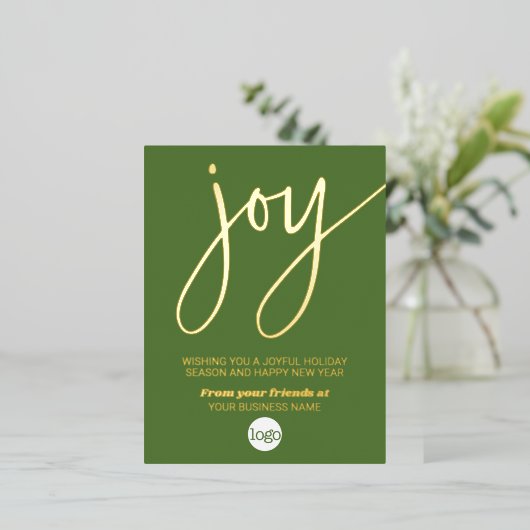 ジョイビジネスクリスマスグリーティング葉グリーン金ゴールド 箔シーズンポストカード (立ち正面)