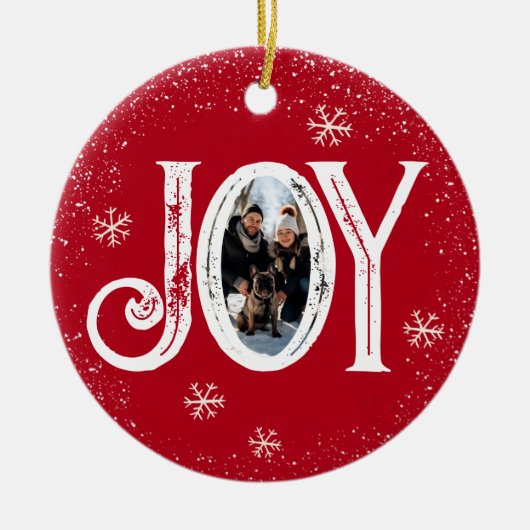ジョイファミリーフォトスノーフレークスレッドクリスマス セラミックオーナメント (正面)