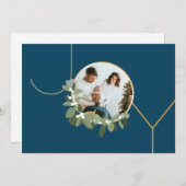 ジョイファミリーフォトモダンリースブルーホリデー シーズンカード (正面/裏面)