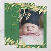 ジョイファミリーフォト金ゴールドグリーンボタニカルクリスマス シーズンカード (正面/裏面)