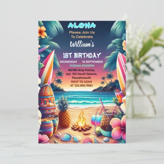 ジョイフラルアウ(ハワイ式宴会)サーフアロハハワイの1歳の誕生日Inv 招待状 (スタンド正面)