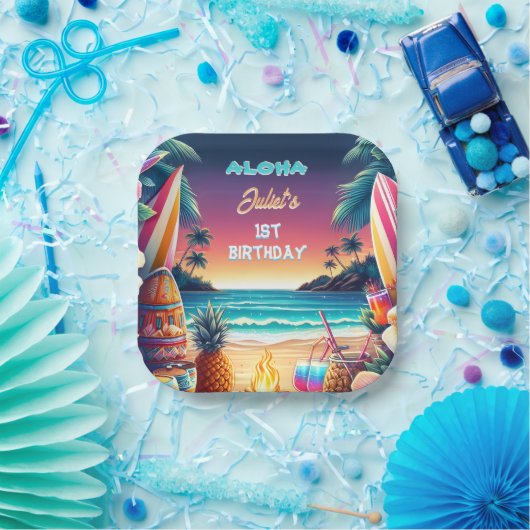 ジョイフラルアウ（ハワイ式宴会）サーフアロハハワイの1歳 ペーパープレート (パーティー)