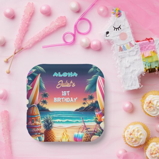 ジョイフラルアウ（ハワイ式宴会）サーフアロハハワイの1歳 ペーパープレート (パーティー)
