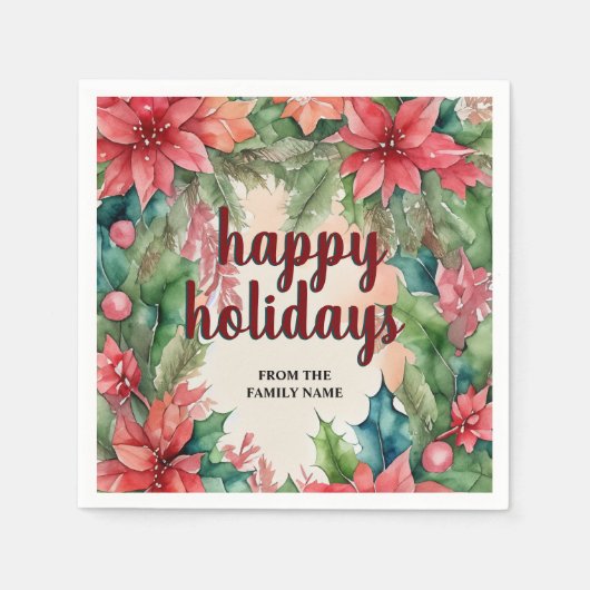 ジョイフルグリーンリース&レッドポインセティアホリデイ スタンダードカクテルナプキン (正面)