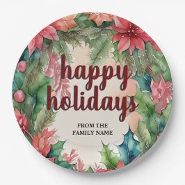 ジョイフルグリーンリース&レッドポインセティアホリデイ ペーパープレート