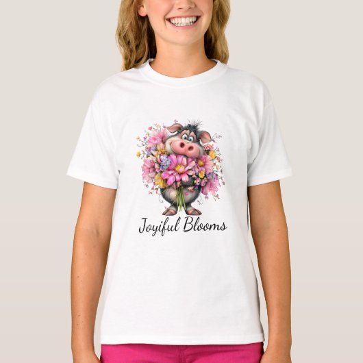 ジョイフル・ブルーム キッズ 豚 花柄 Tシャツ (正面)