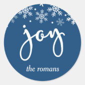 ジョイホリデースノーフレークネイビーブルーパーソナライズされた ラウンドシール (正面)