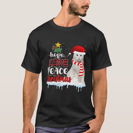 ジョイホープラブピースクリスマスツリー猫クリスマスギフト Tシャツ (正面)