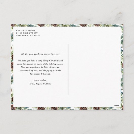 ジョイボタニカルパインリースフォトコラージクリスマス シーズンポストカード (裏面)