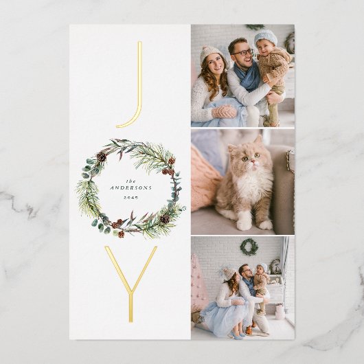 ジョイボタニカルパインリースフォトコラージクリスマス 箔シーズンカード (正面)