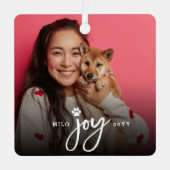 ジョイポープリントブラシスクリプトフォトドッグペットクリスマス メタルオーナメント (正面)