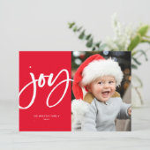 ジョイモダンレッドのスクリプトのクリスマスワンフォト シーズンカード (スタンド正面)