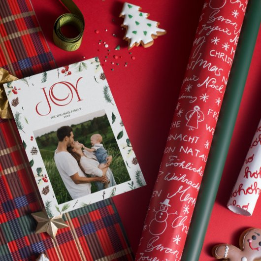 ジョイモダンレッドベリーボタニカルフォトクリスマス シーズンカード