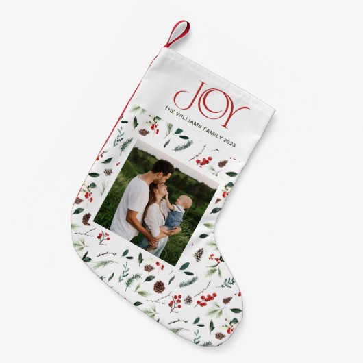 ジョイモダンレッドベリーボタニカルフォトクリスマス スモールクリスマスストッキング (正面 (吊り時))