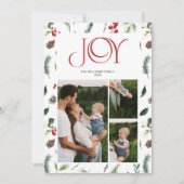 ジョイモダンレッドベリーボタニカル3フォトクリスマス シーズンカード (正面)