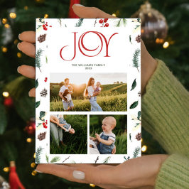 ジョイモダンレッドベリーボタニカル3フォトクリスマス シーズンカード