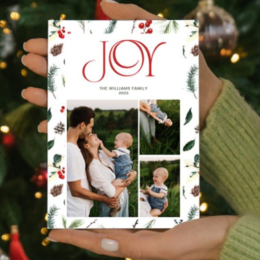 ジョイモダンレッドベリーボタニカル3フォトクリスマス シーズンカード