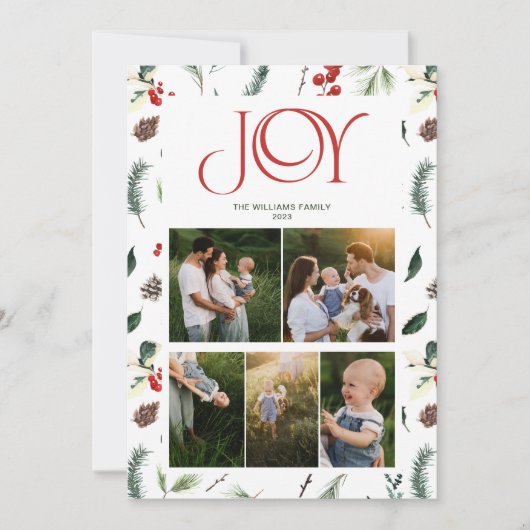 ジョイモダンレッドベリーボタニカル5フォトクリスマス シーズンカード (正面)