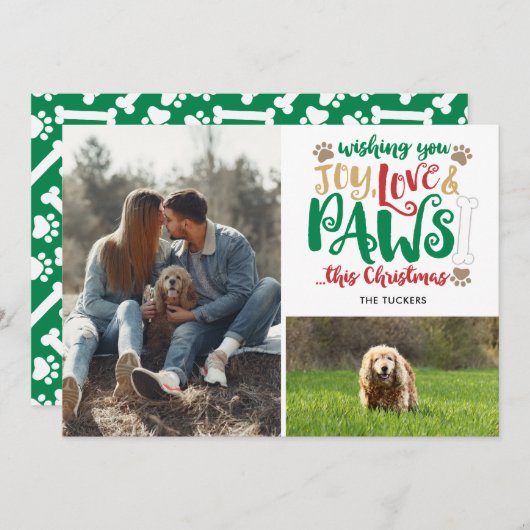 ジョイラブポーズクリスマスレッドグリーン2枚写真犬 シーズンカード (正面/裏面)