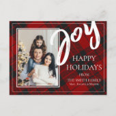 ジョイレッドブラックプレイドタータンチェックフォトハッピーホリデー シーズンポストカード (正面)