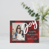 ジョイレッドブラックプレイドタータンチェックフォトハッピーホリデー シーズンポストカード (スタンド正面)
