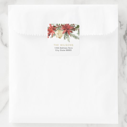 ジョイレッドポインセティシアクリスマス差出人住所ラベル スクエアシール (バッグ)