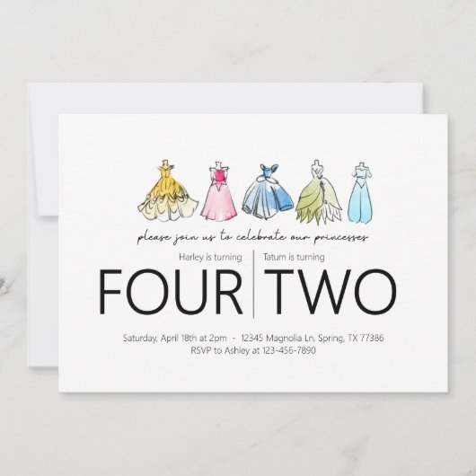 ジョイントバースデーパーティー – プリンセスドレステーマ 招待状 (正面)