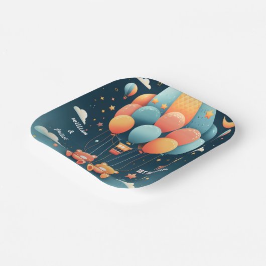 ジョイントベア熱気球ツインズ1st誕生日 ペーパープレート (傾斜あり)