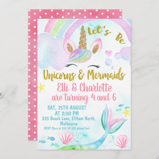 ジョイントマーメイドアンドユニコーン誕生日招待状 招待状 (正面/裏面)