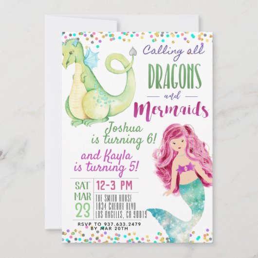ジョイントマーメイド恐竜誕生日招待状 招待状 (正面)
