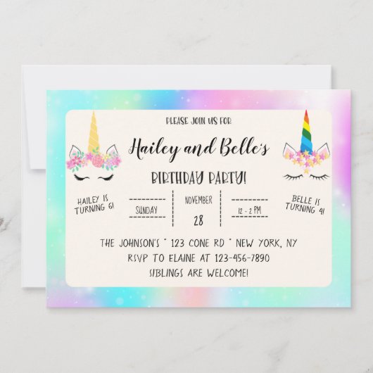 ジョイントユニコーン誕生日招待状 招待状 (正面)