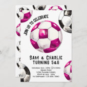ジョイント兄弟姉妹デュアルシスタースツインサッカー誕生日 招待状 (正面/裏面)