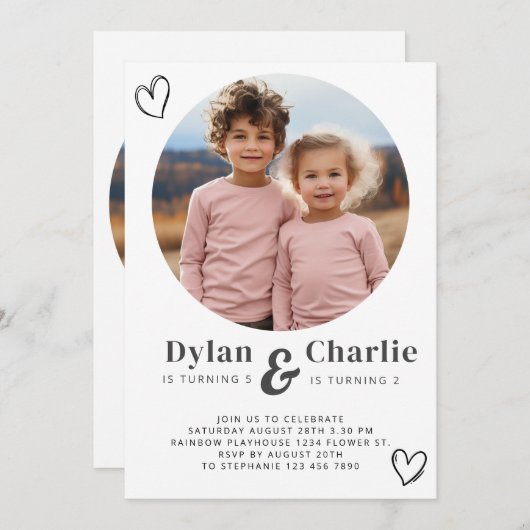 ジョイント兄弟姉妹ポートレートフォトボミニマルホ誕生日 招待状 (正面/裏面)