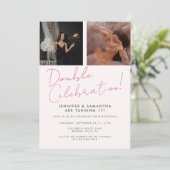 ジョイント誕生日ダブルお祝いピンクガーリーフォト 招待状 (スタンド正面)