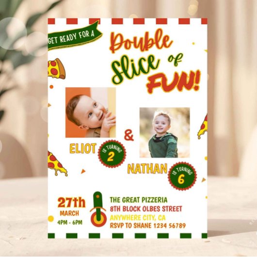 ジョイント誕生日ピザパーティの招待状と写真 招待状