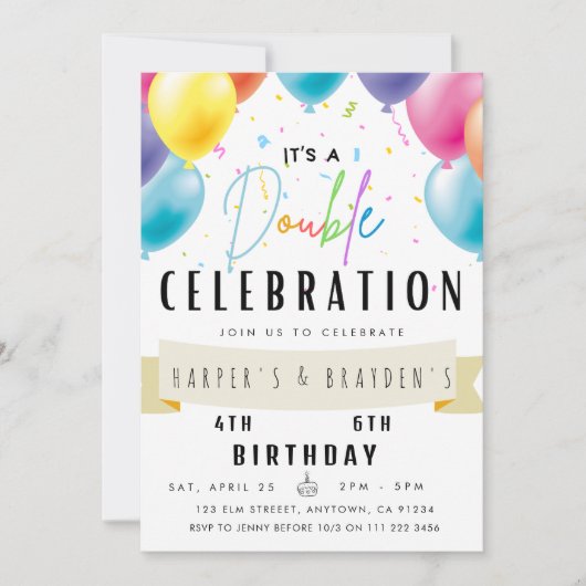 ジョイント誕生日兄弟姉妹デュアルパーティーダブル 招待状 (正面)