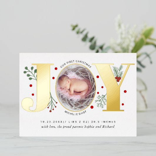 ジョイ初めてのクリスマスベビー誕生発表金ゴールド 箔シーズンカード (立ち正面)