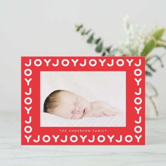 ジョイ喜び赤フレームホリデークリスマスフォトカード シーズンカード (スタンド正面)