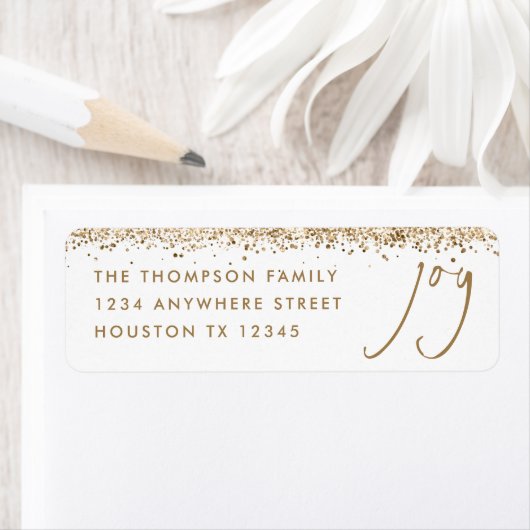 ジョイ差出人住所金ゴールドグリッターホワイトクリスマス ラベル (インサイチュ)