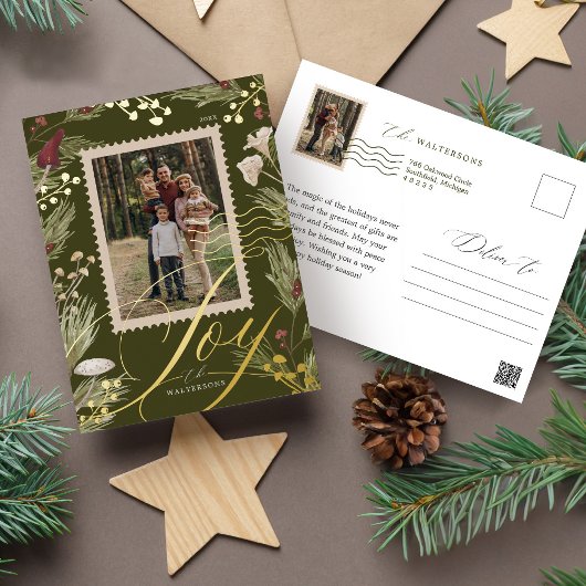 ジョイ木々の水色キノコの家族の写真スタンプ 箔シーズンポストカード