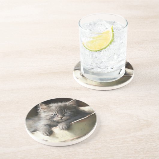ジョイ満載のバケツ甘いグレーの子猫 コースター (側面)