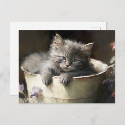 ジョイ満載のバケツ甘いグレーの子猫 ポストカード (正面/裏面)