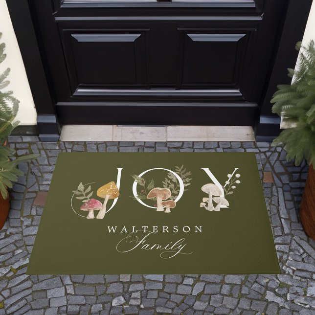 ジョイ素朴ウッドウォーター色のキノコのクリスマス ドアマット (Joy Rustic Woodsy Watercolor Mushroom Christmas Doormat)