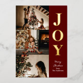ジョイ赤モダン金ゴールドクリスマス3フォトコラージュ 箔シーズンカード (正面)