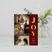 ジョイ赤モダン金ゴールドクリスマス3フォトコラージュ 箔シーズンポストカード (立ち正面)