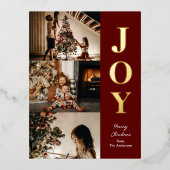ジョイ赤モダン金ゴールドクリスマス3フォトコラージュ 箔シーズンポストカード (正面)